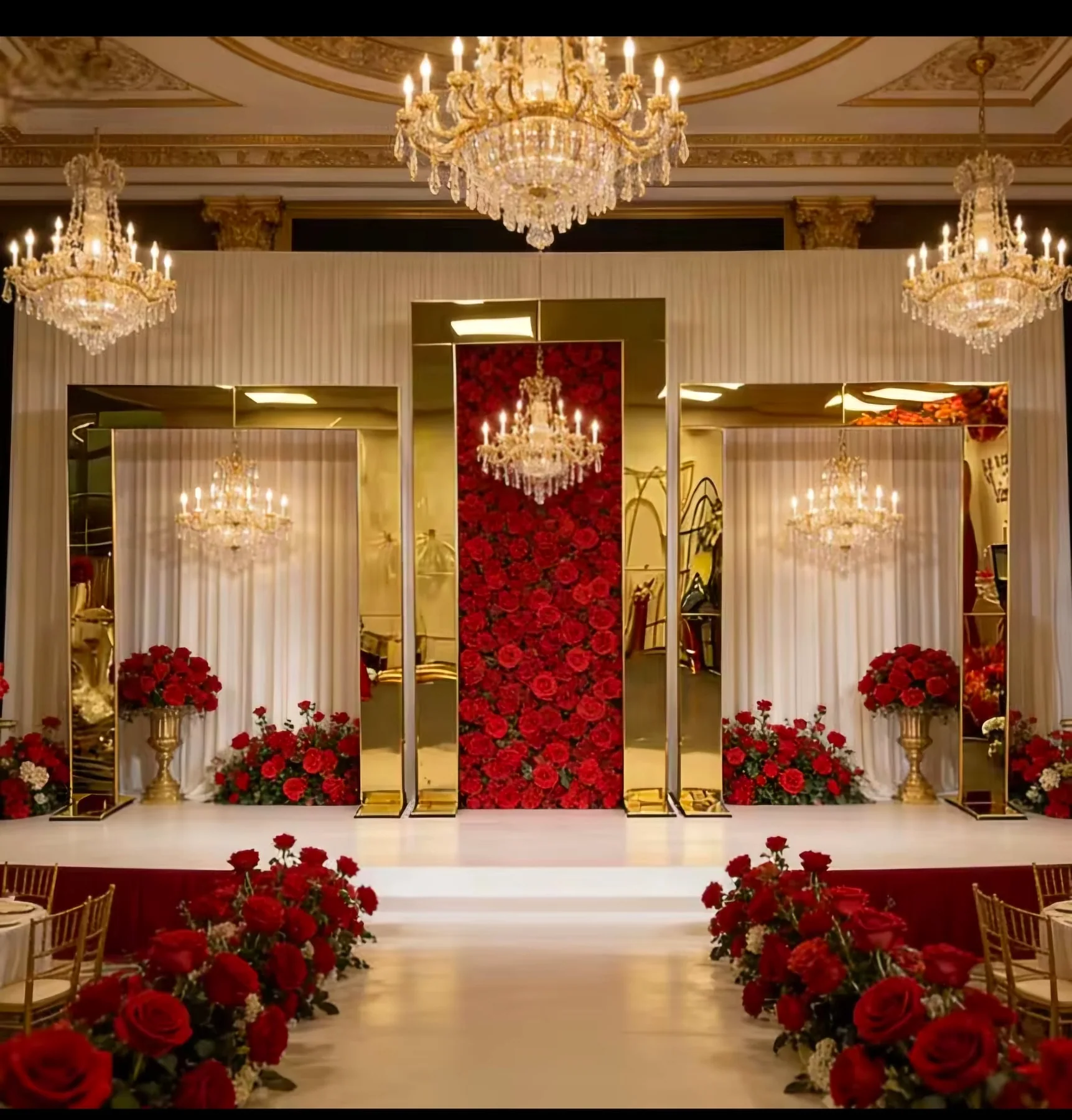 Elegant indoor banquet stage with floral arrangements and warm lighting