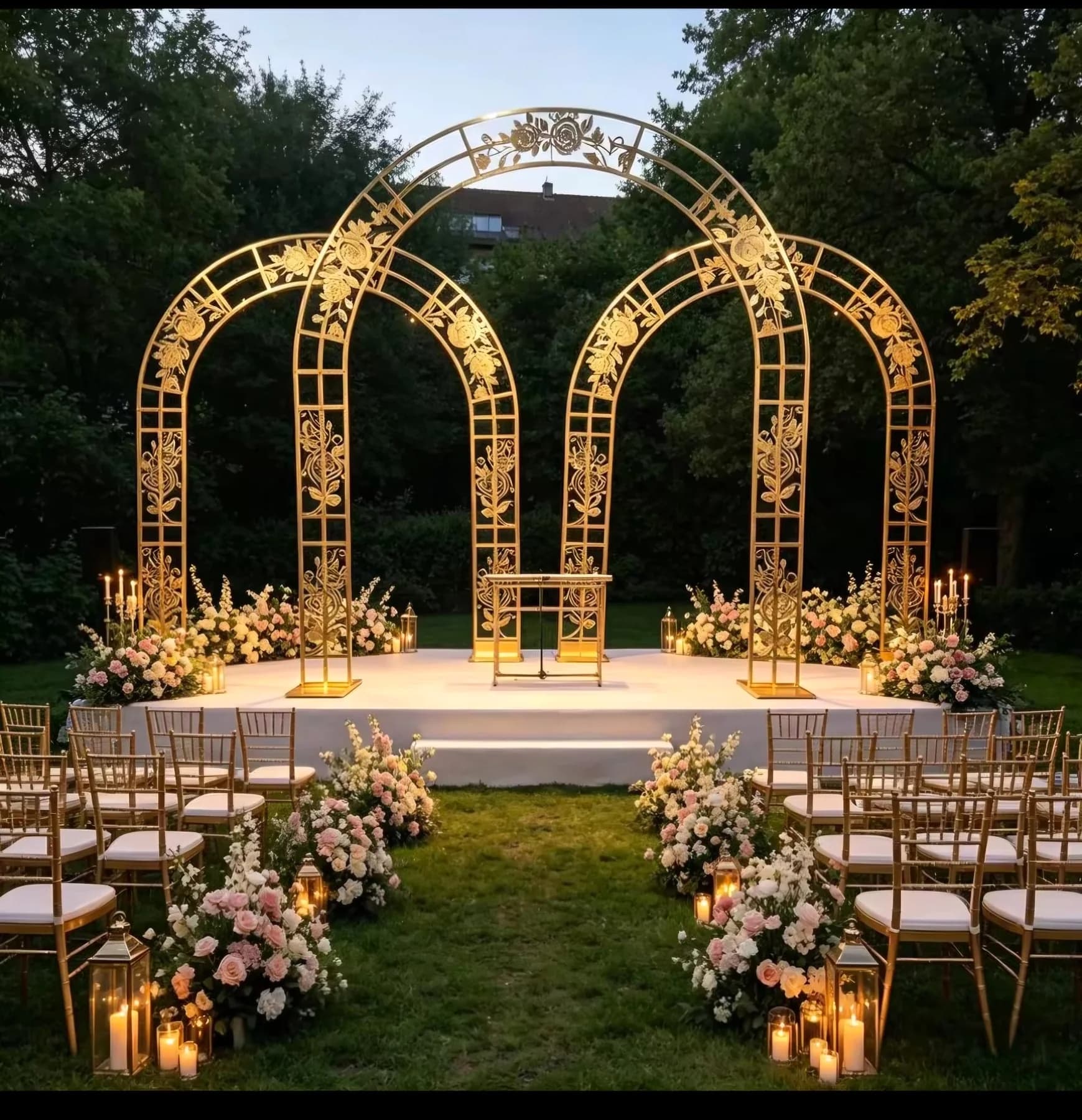 Illuminated floral ceremony arches arranged outdoors at night